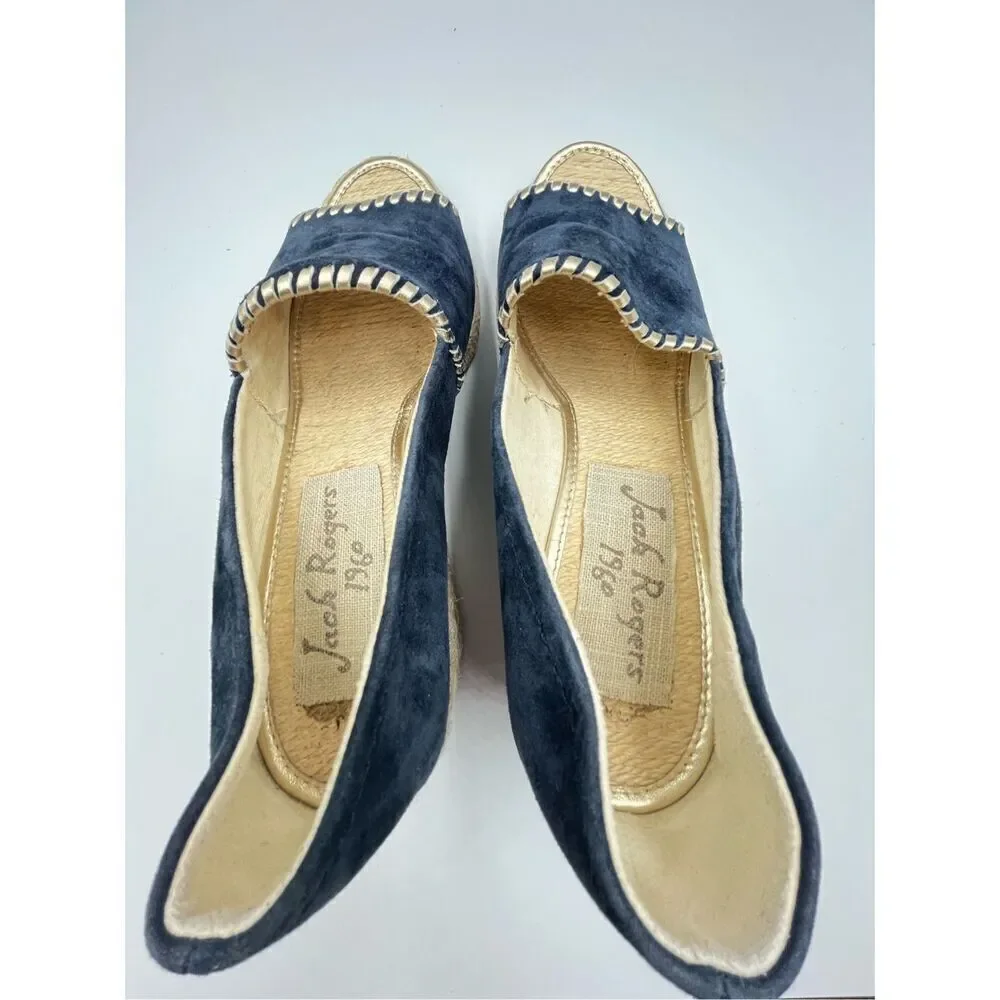 Jack Rogers Preppy Palmer Wedges Espadrille Suede Midnight Blue Gold size US 10